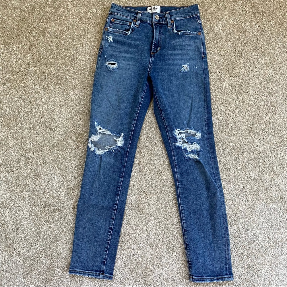 AGOLDE high rise ankle length distressed jeans
